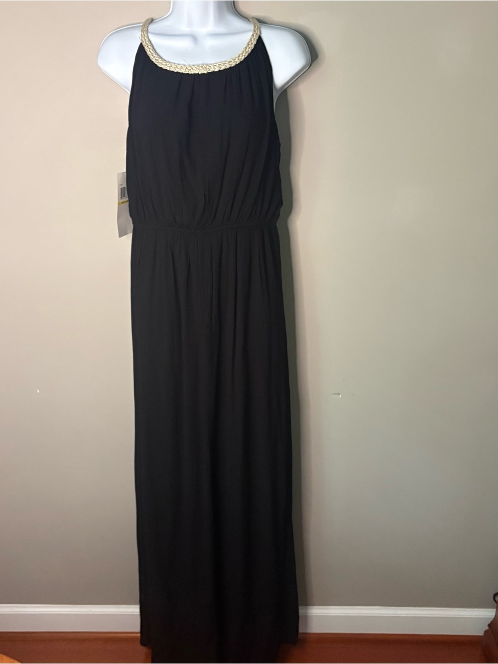 NWT Nina Leonard Black Rope-Braid Halter Neck Maxi Dress